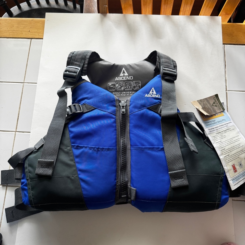 Brand New Ascend Adult Kayaking Blue and Gray Life Jacket